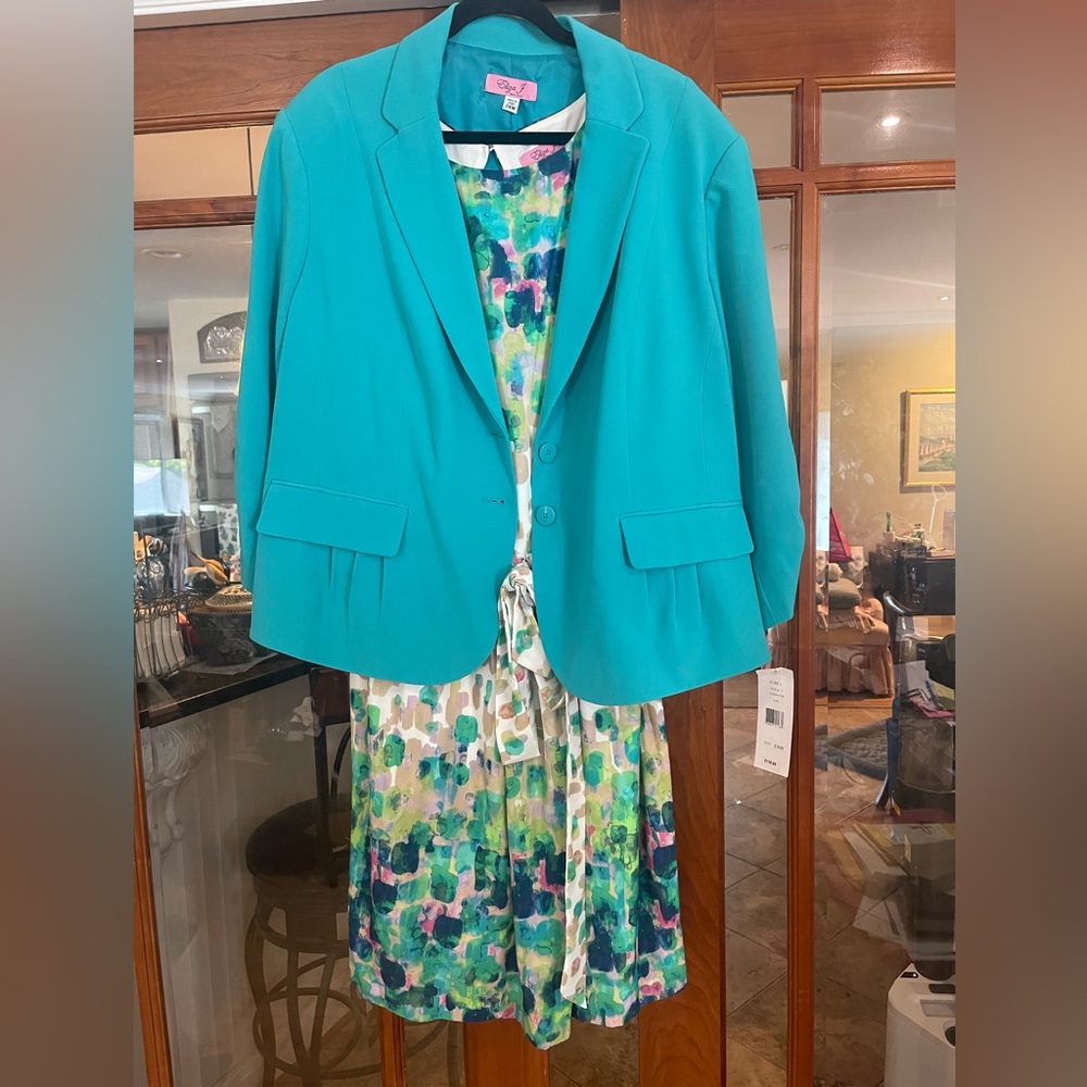 Eliza J Teal jacket and Multicolor Watercolor Floral Dress - Picture 1 of 13